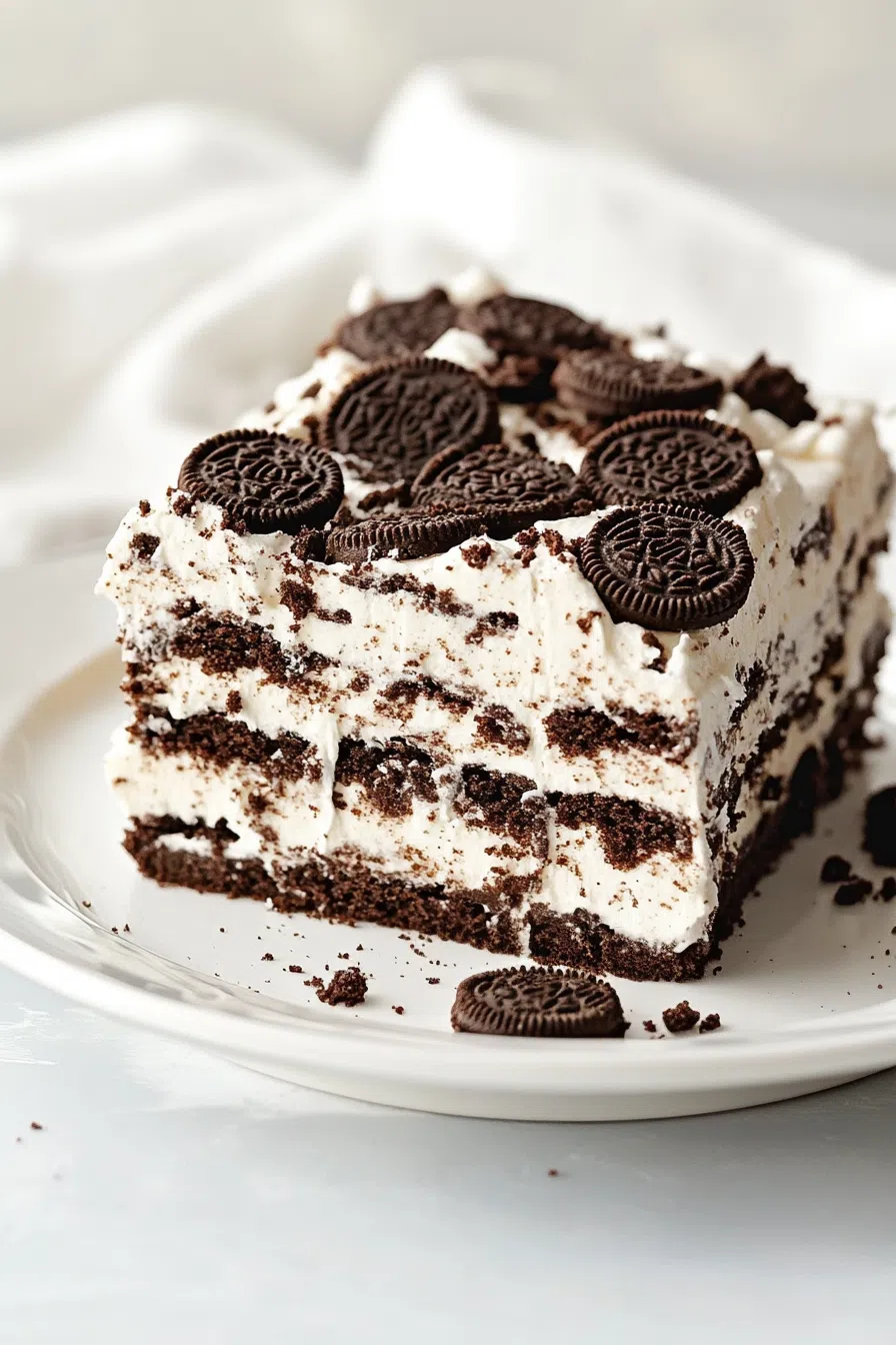 A slice of layered dessert on a white plate