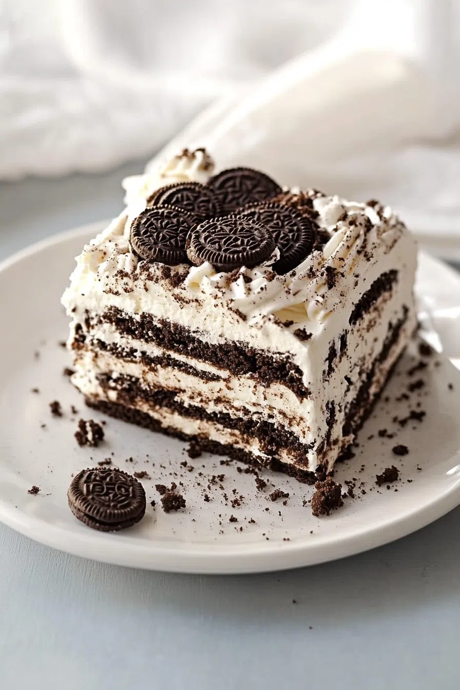 A square piece of chilled cake with visible layers of cream and cookies.