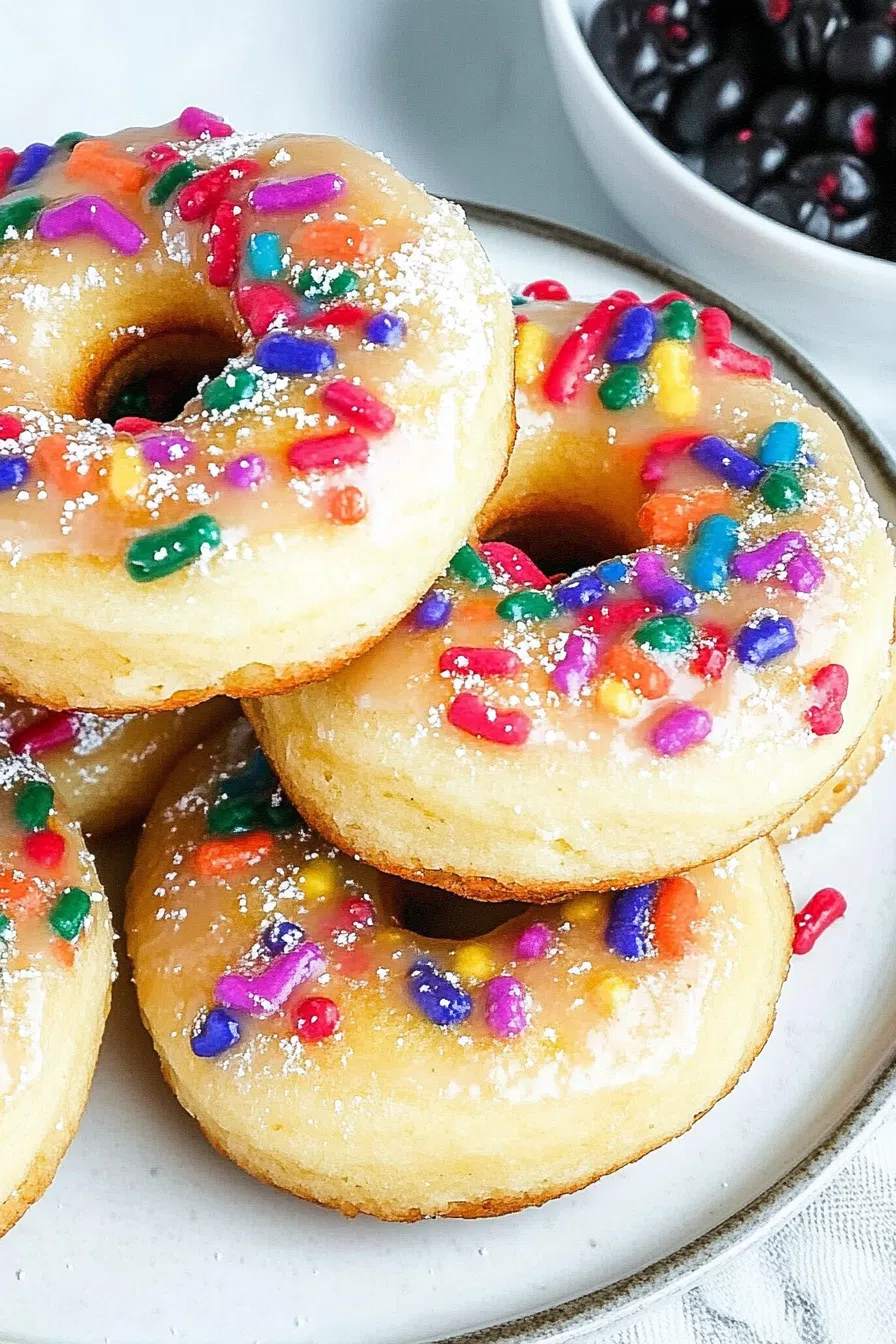 Assorted donuts displayed on a white platter with icing in different colors.
