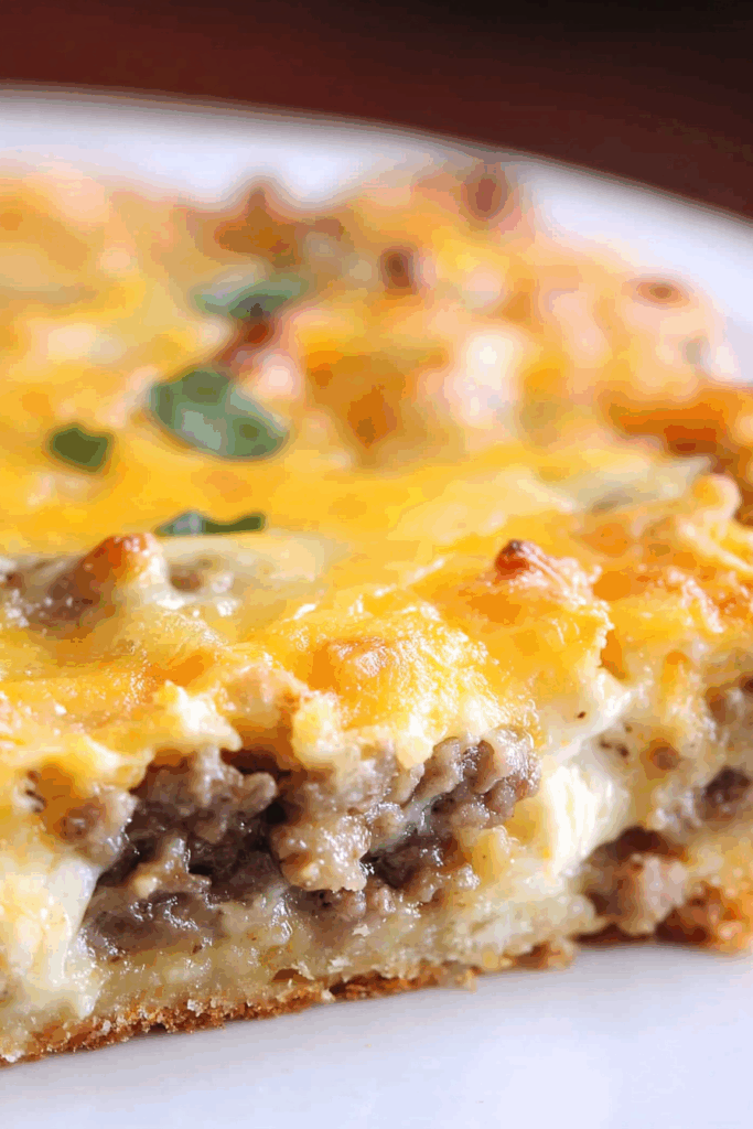 Golden-brown breakfast casserole sliced and ready to serve.