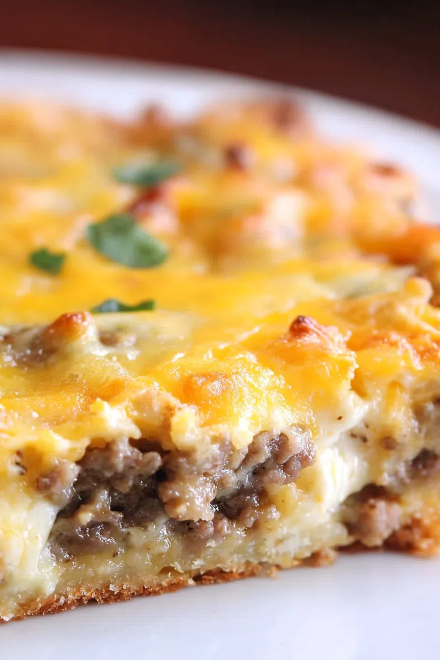 Golden-brown breakfast casserole sliced and ready to serve.