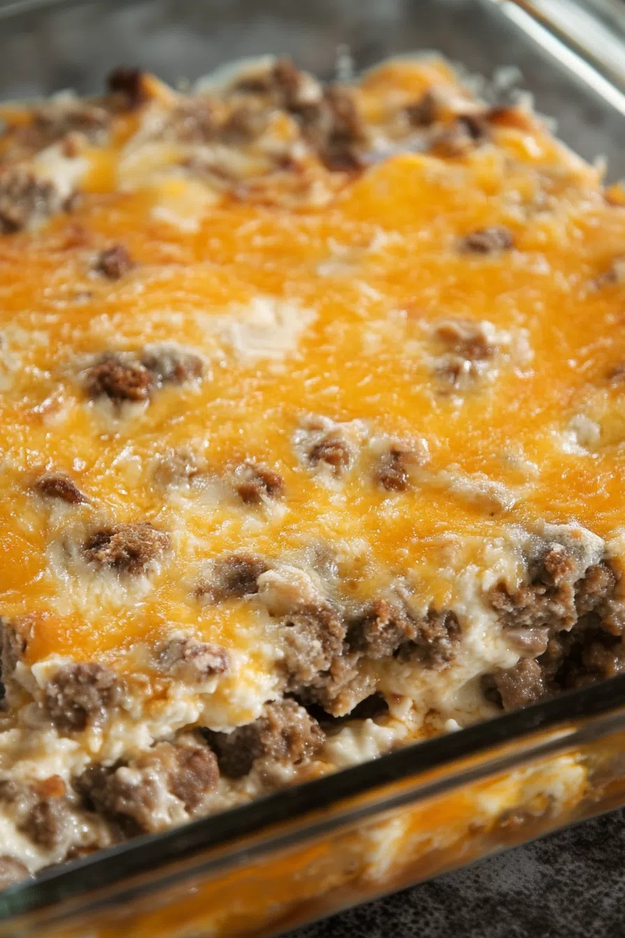 Close-up of a hearty baked dish featuring layers of fluffy texture and savory bits.