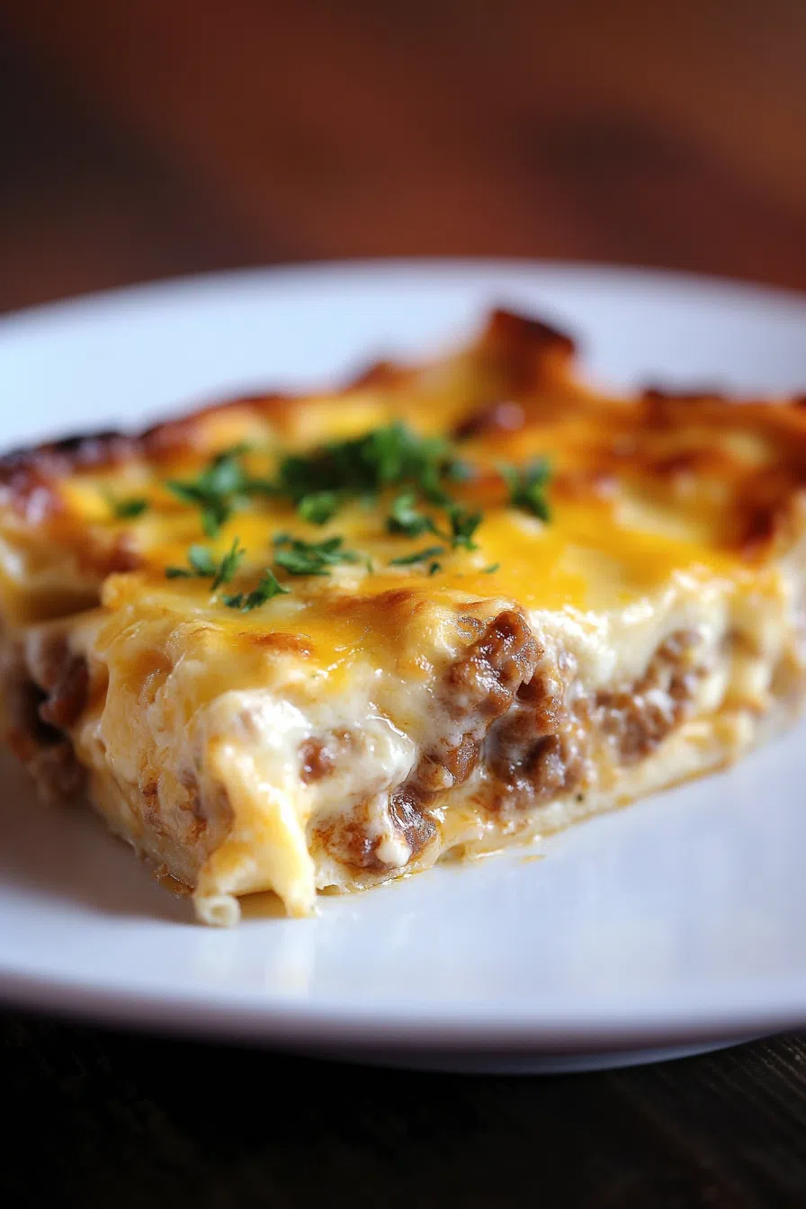 Sliced portion of a savory-sweet brunch dish served on a white plate.