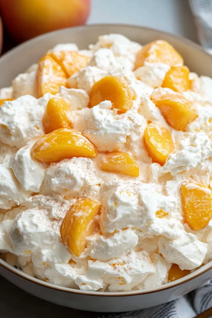 Close-up of fruit salad with whipped topping and vibrant peach slices.