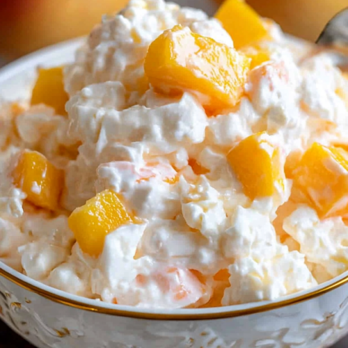 A bowl of creamy salad with peach chunks and a light, fluffy texture.