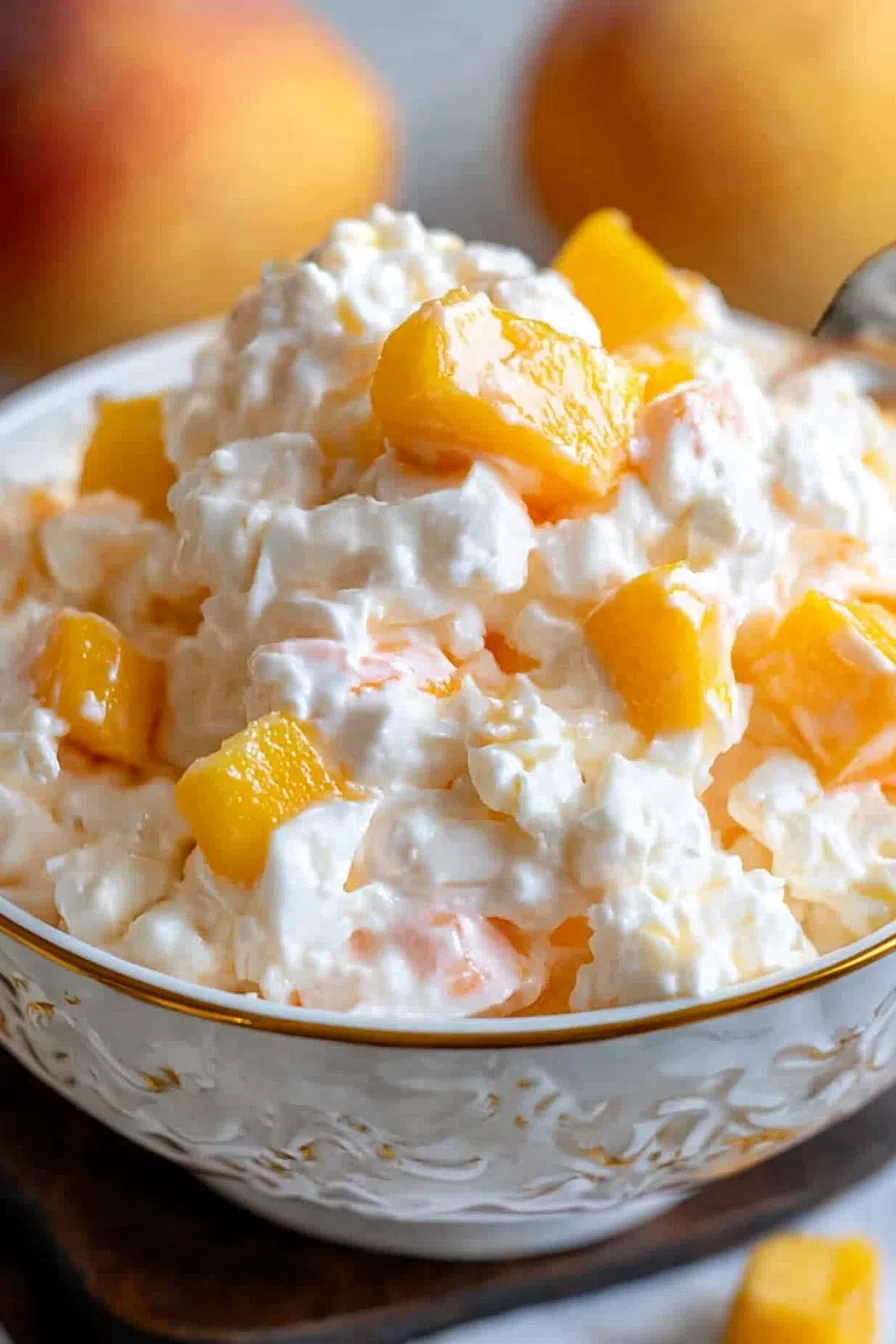 A bowl of creamy salad with peach chunks and a light, fluffy texture.