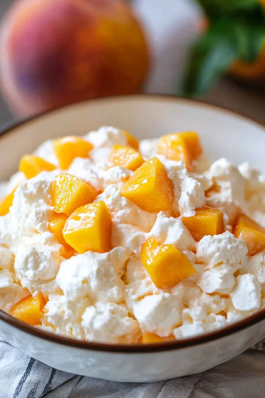 A serving of peach salad on a decorative plate with a fresh mint garnish.