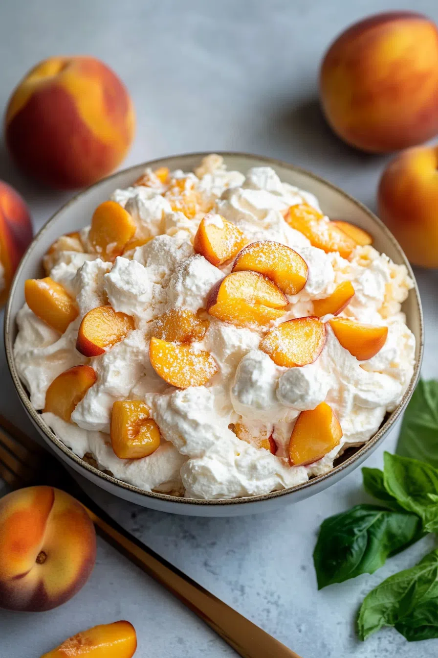 Overhead shot of a bowl filled with peach salad surrounded by a few whole peaches.