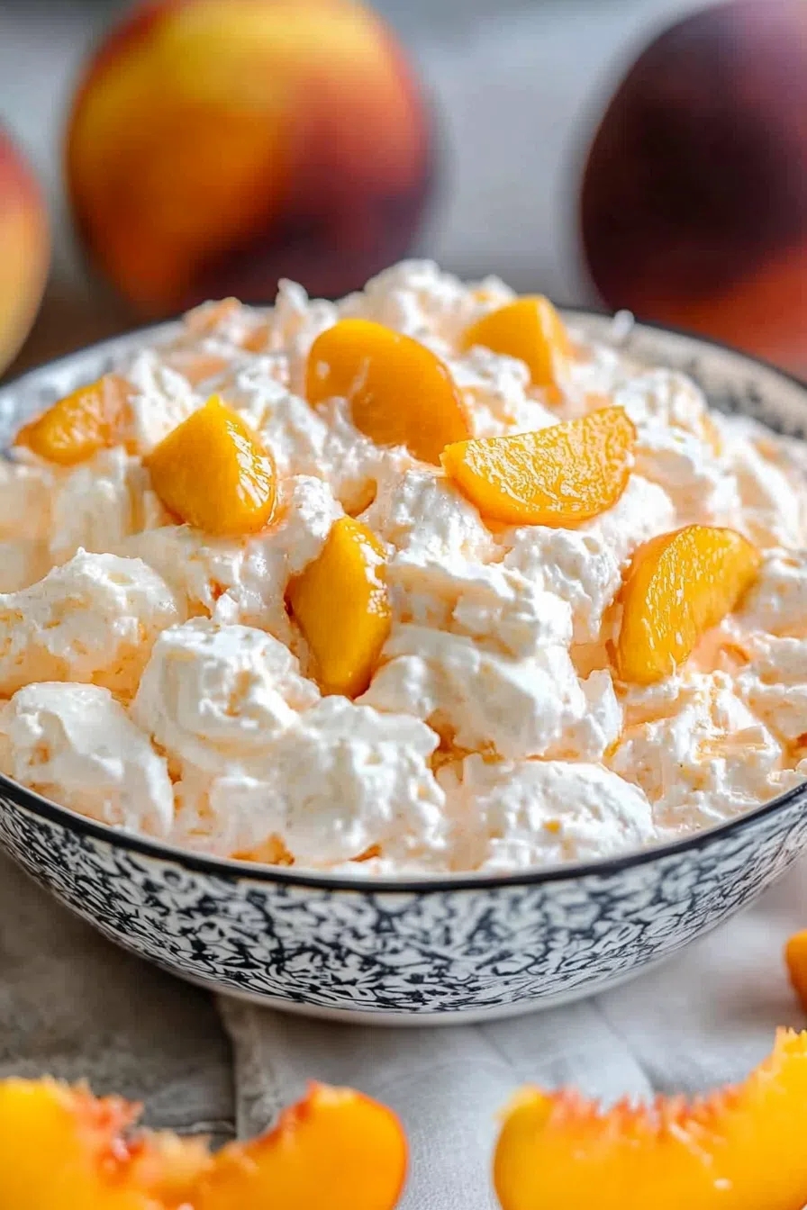 A dessert bowl with fluffy fruit salad and peach slices, ready to serve.