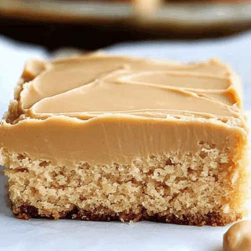 A thick slice of moist cake with creamy peanut butter icing.
