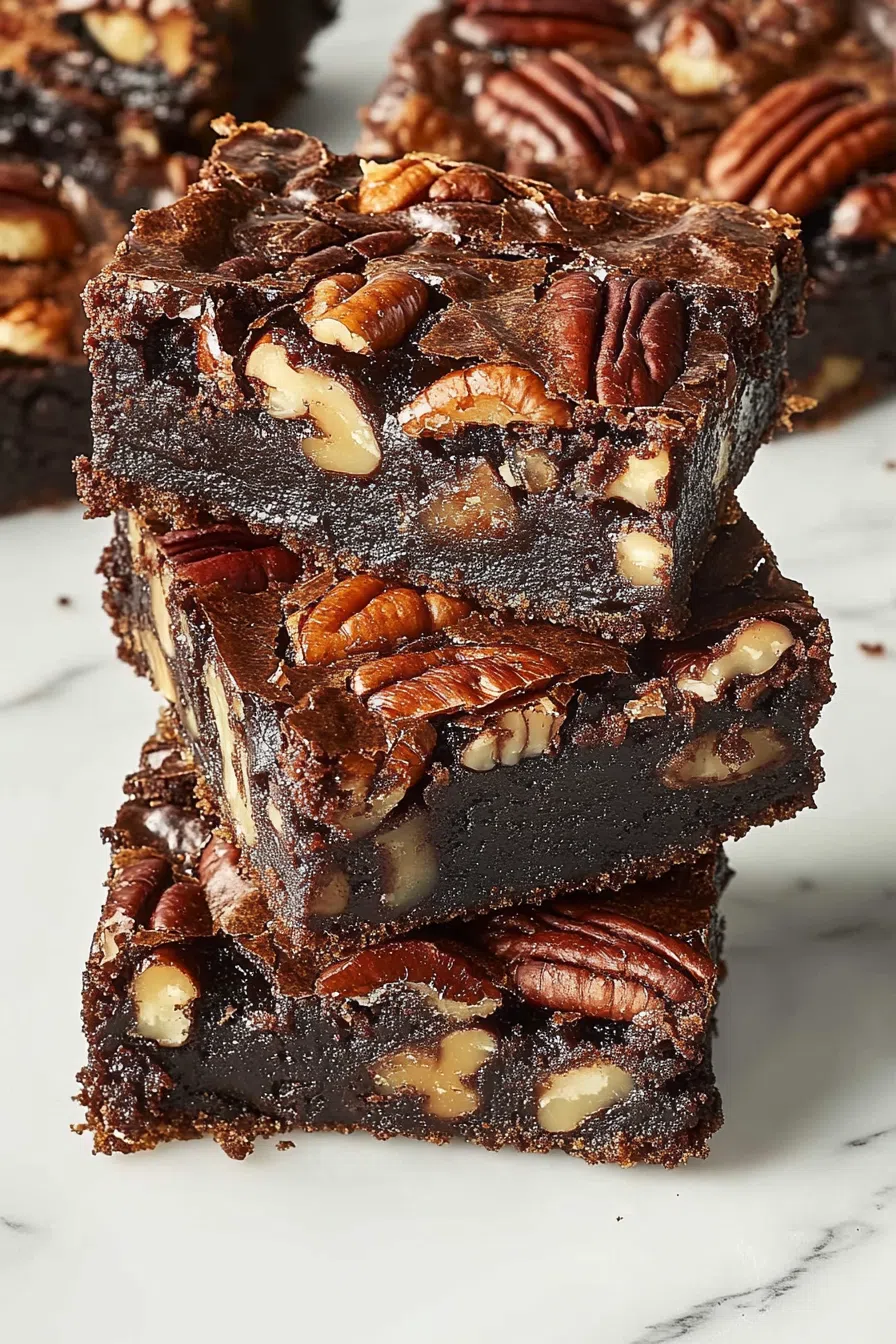 A slice of dense chocolate brownie with caramelized pecans.