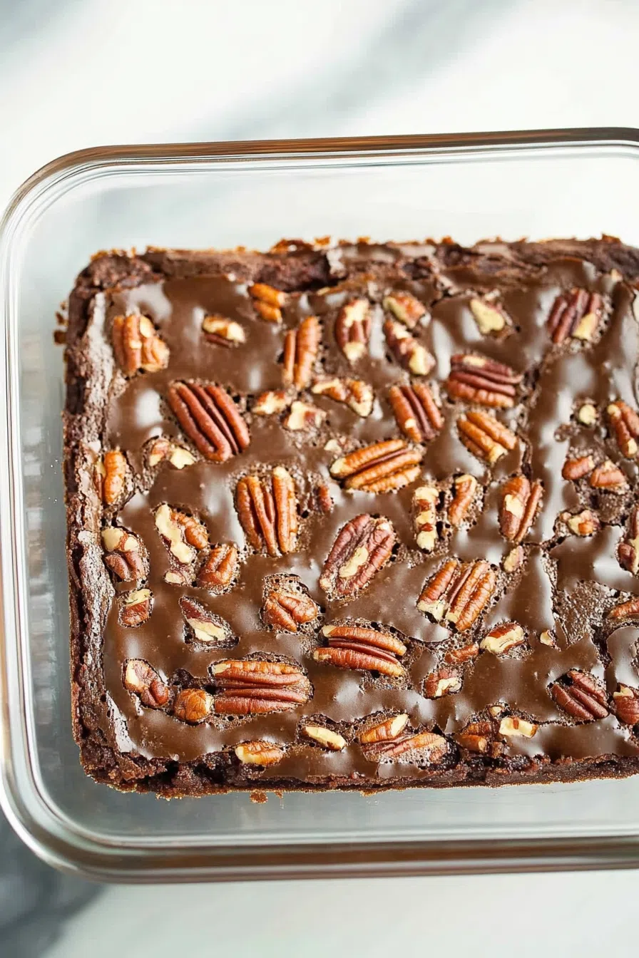 Rich brownie topped with a glossy pecan layer.
