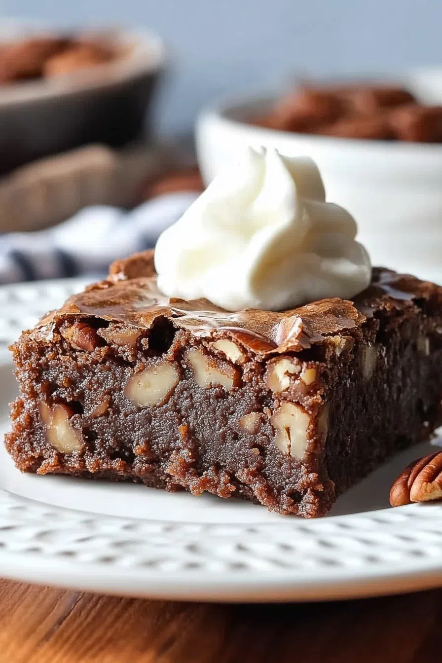 Close-up of gooey pecans baked into a fudgy chocolate base.