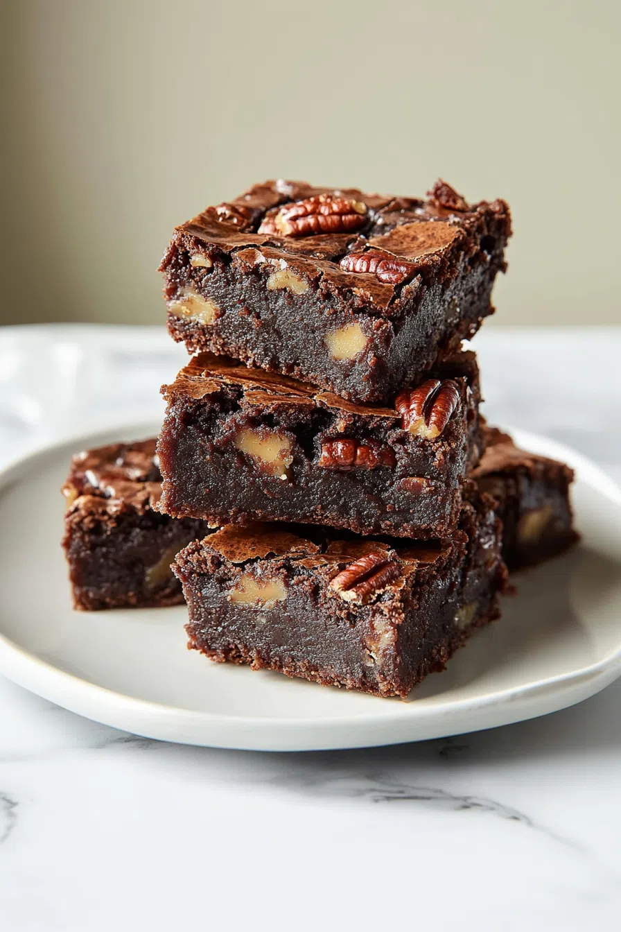 Squares of dessert with crunchy pecans and chocolate layers.
