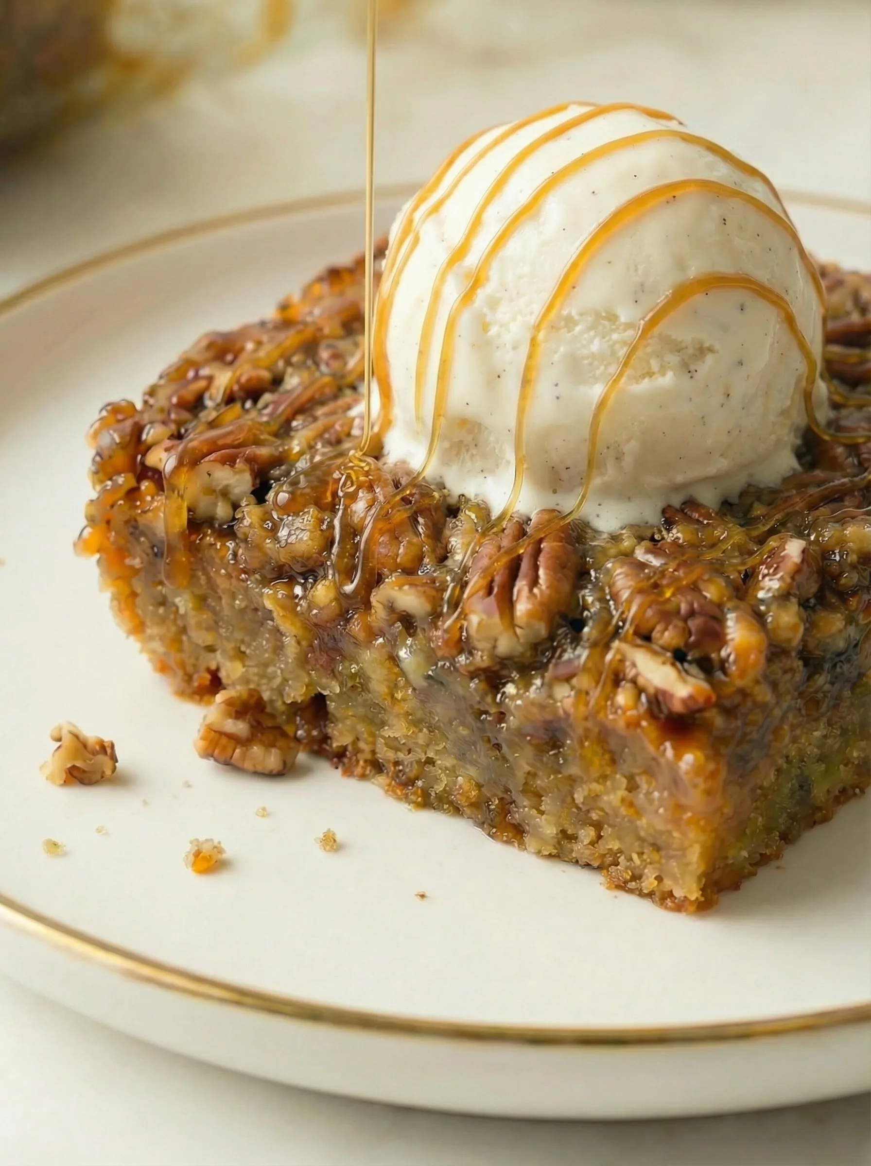 A warm slice of gooey pecan dessert on a plate topped with vanilla ice cream as cream sauce is poured over the top.
