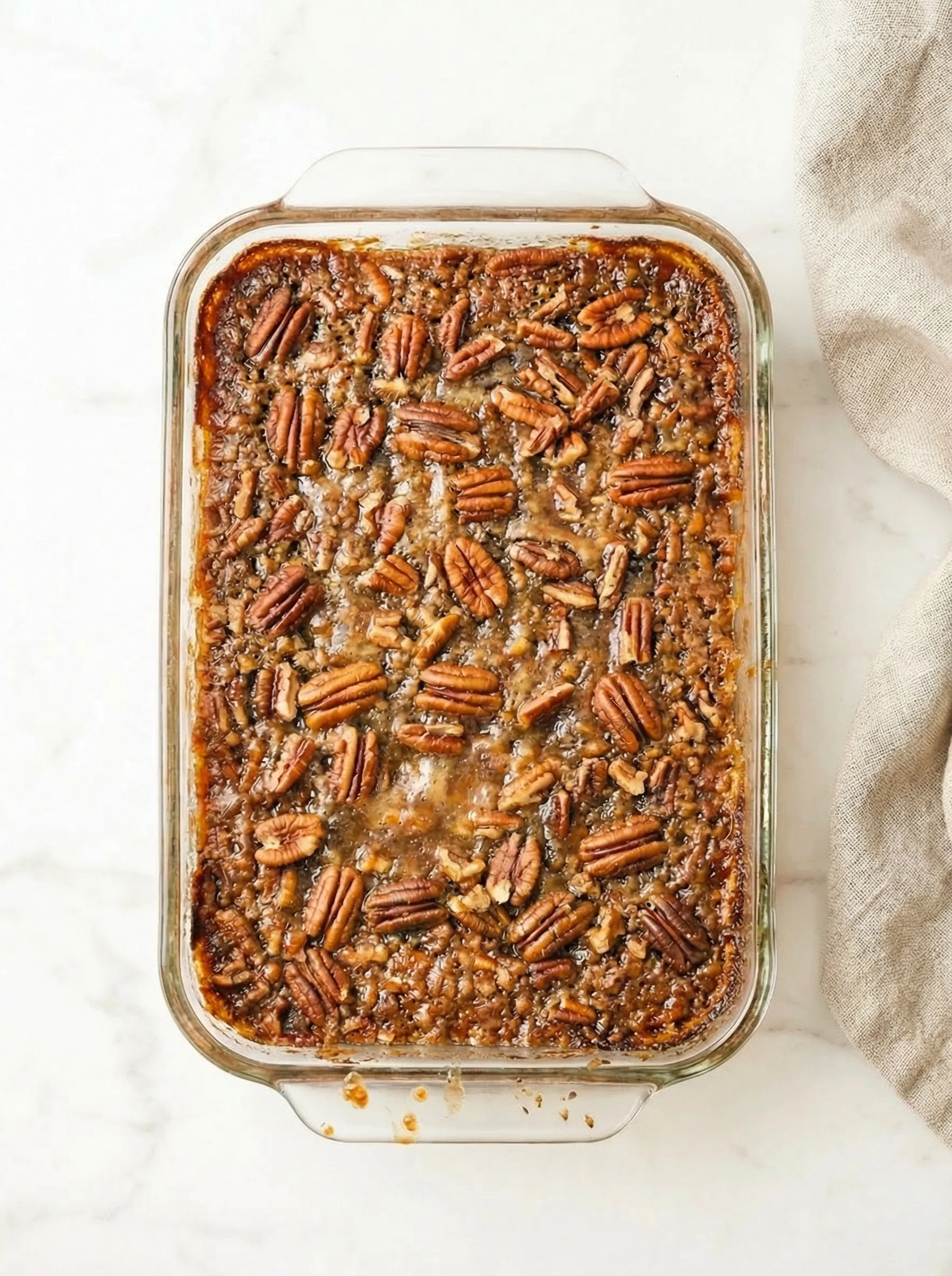 Top-view of a freshly baked pecan pie dump cake in a glass baking dish with a golden, buttery topping and toasted pecans.