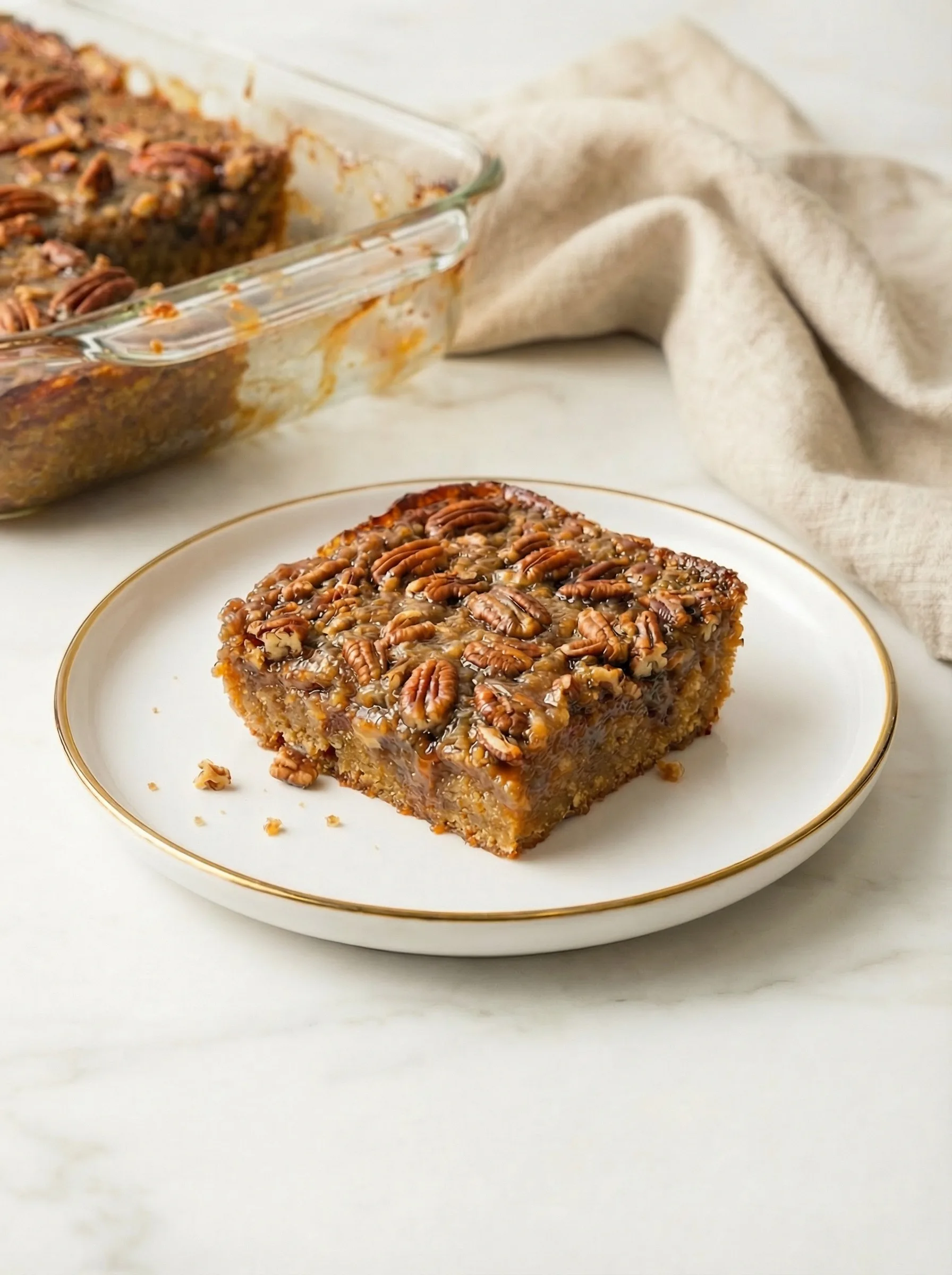 A single slice of baked pecan dessert on a plate showing the soft, syrupy center and crisp topping.