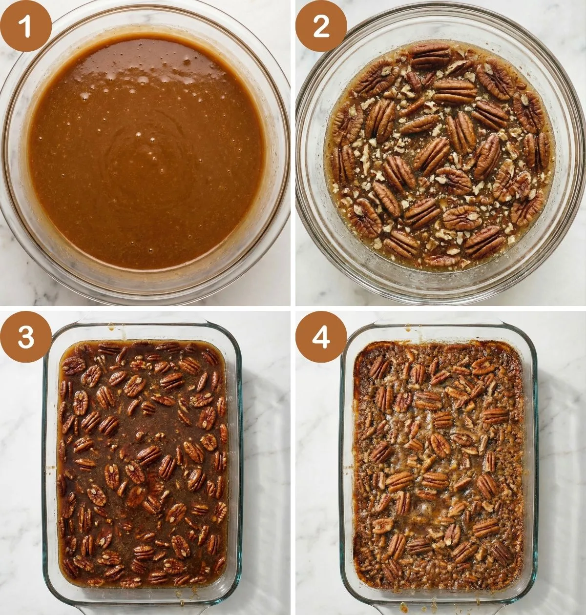 A visual overview of making the pecan dessert, from mixing the syrupy filling to adding pecans, baking, and finishing with a golden top.