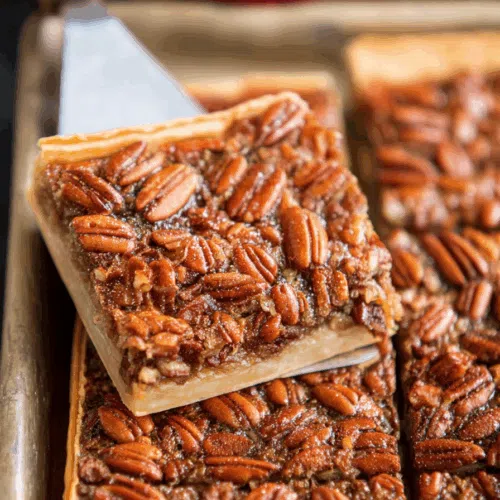 Overhead view of a large rectangular dessert with a glossy, nut-covered surface.