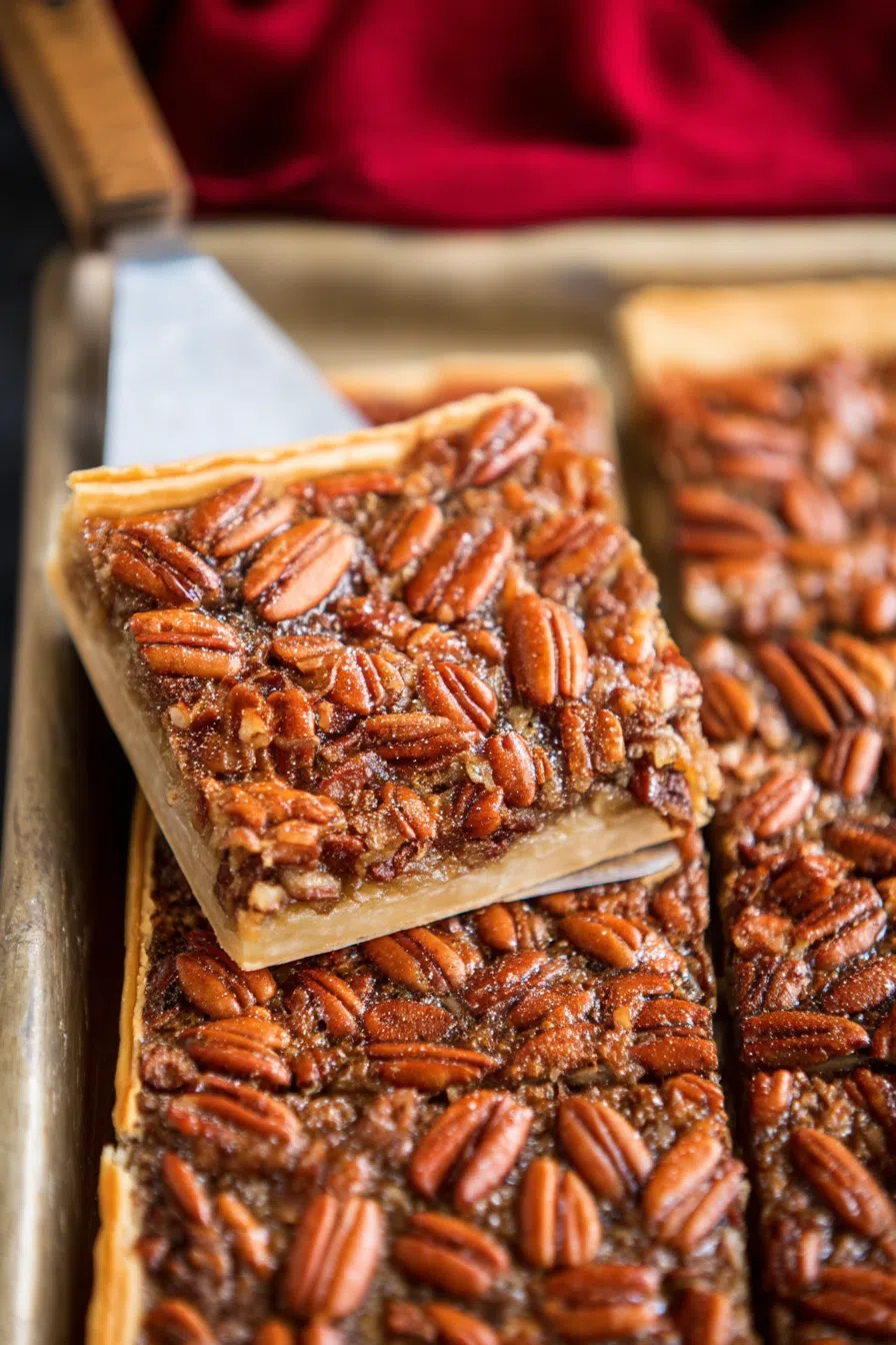 Overhead view of a large rectangular dessert with a glossy, nut-covered surface.