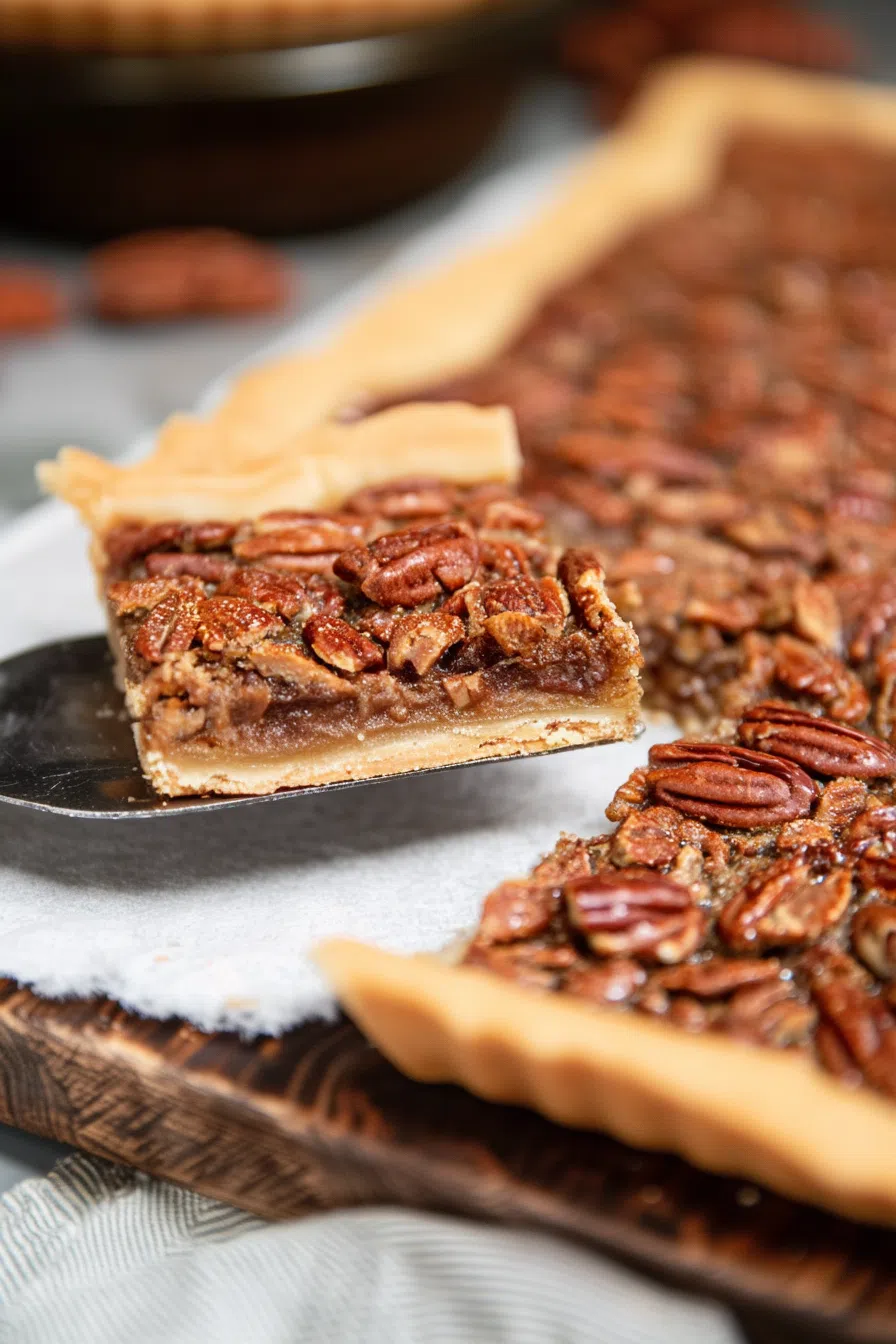 Overhead image showing an entire tray of baked dessert, partially sliced.
