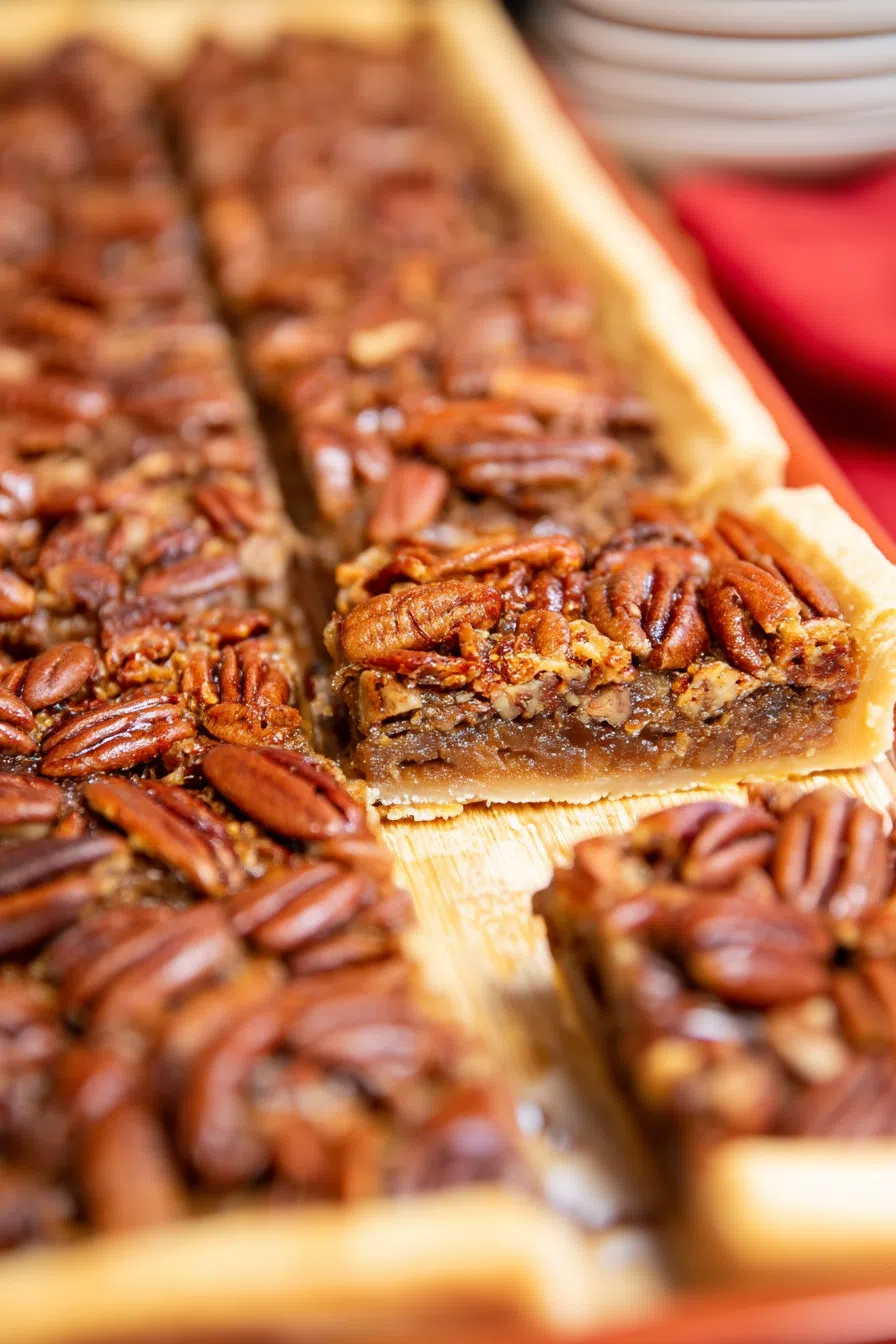 Sliced dessert bars with a rich, caramelized filling and crisp edges.