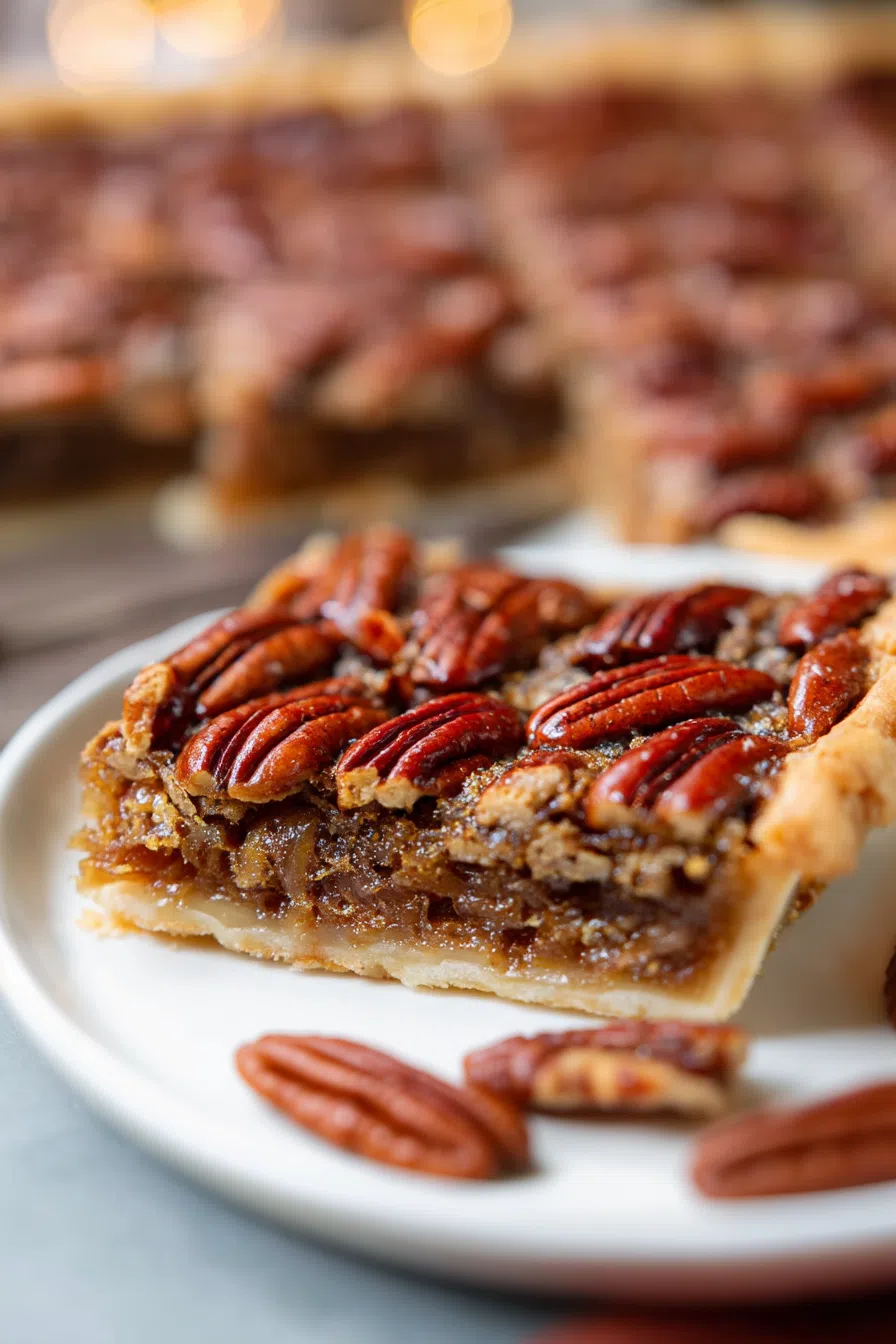 Portion of a baked square topped with toasted nuts on a ceramic plate.