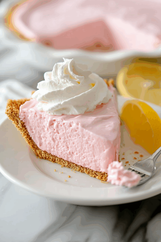 A pastel-colored dessert slice on a white plate with a bite taken out.
