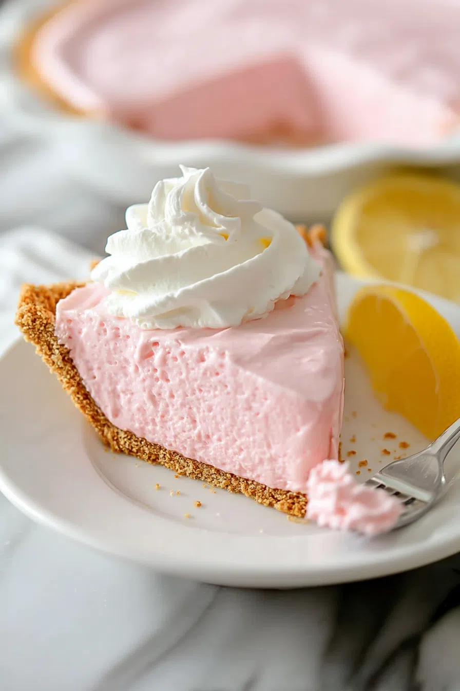 A pastel-colored dessert slice on a white plate with a bite taken out.