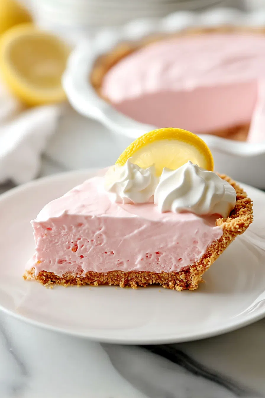 Whipped topping garnished with a lemon twist on a creamy pink pie.