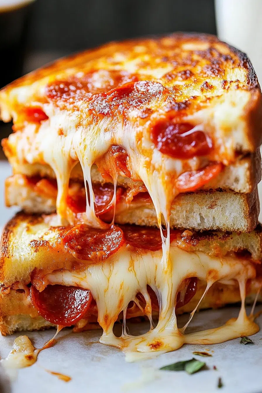 Crispy sandwich halves stacked on a plate, with gooey cheese stretching between layers.