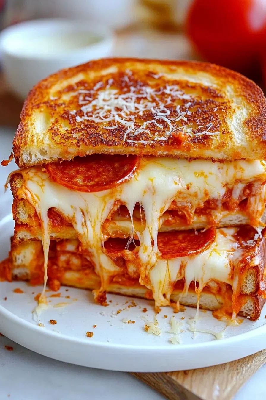 Cross-section view of a hot sandwich filled with melted cheese and savory sauce.