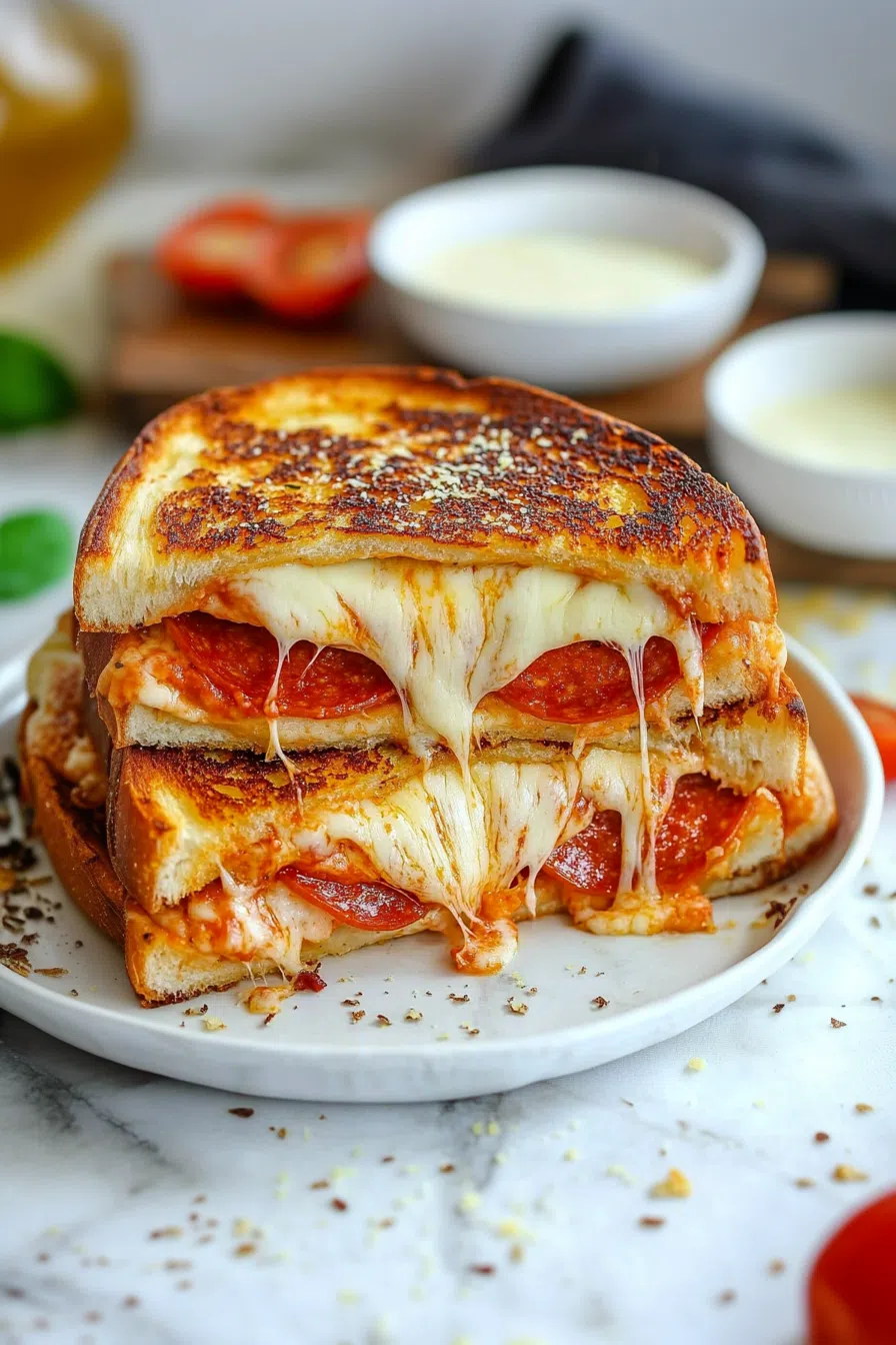 A plated sandwich served alongside a small dish of marinara for dipping.
