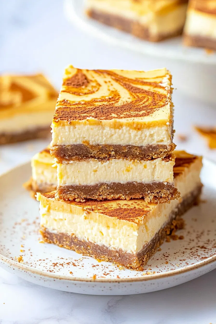 Rich, creamy bars garnished with whipped topping and a sprinkle of cinnamon.