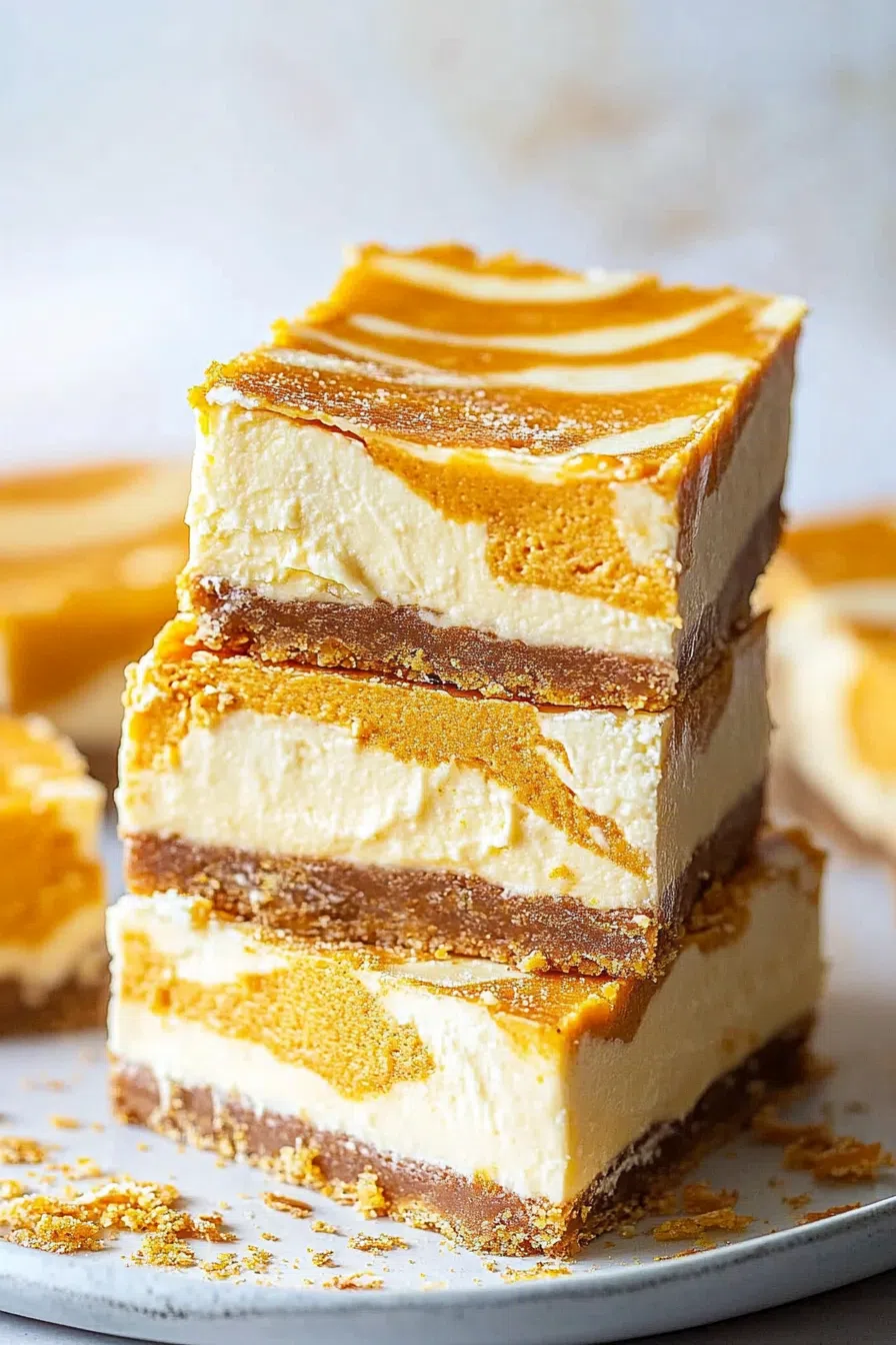 Autumn-inspired treat sliced into squares and served on a rustic plate.