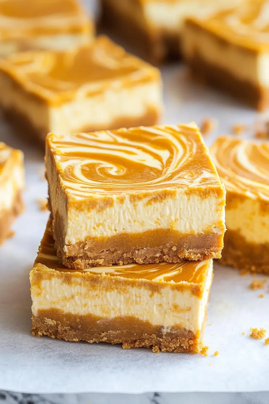 Neatly stacked dessert bars with visible layers, set on a marble surface.