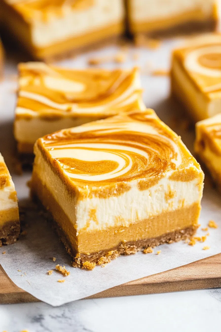 Close-up of spiced cheesecake squares with swirled tops and clean edges.