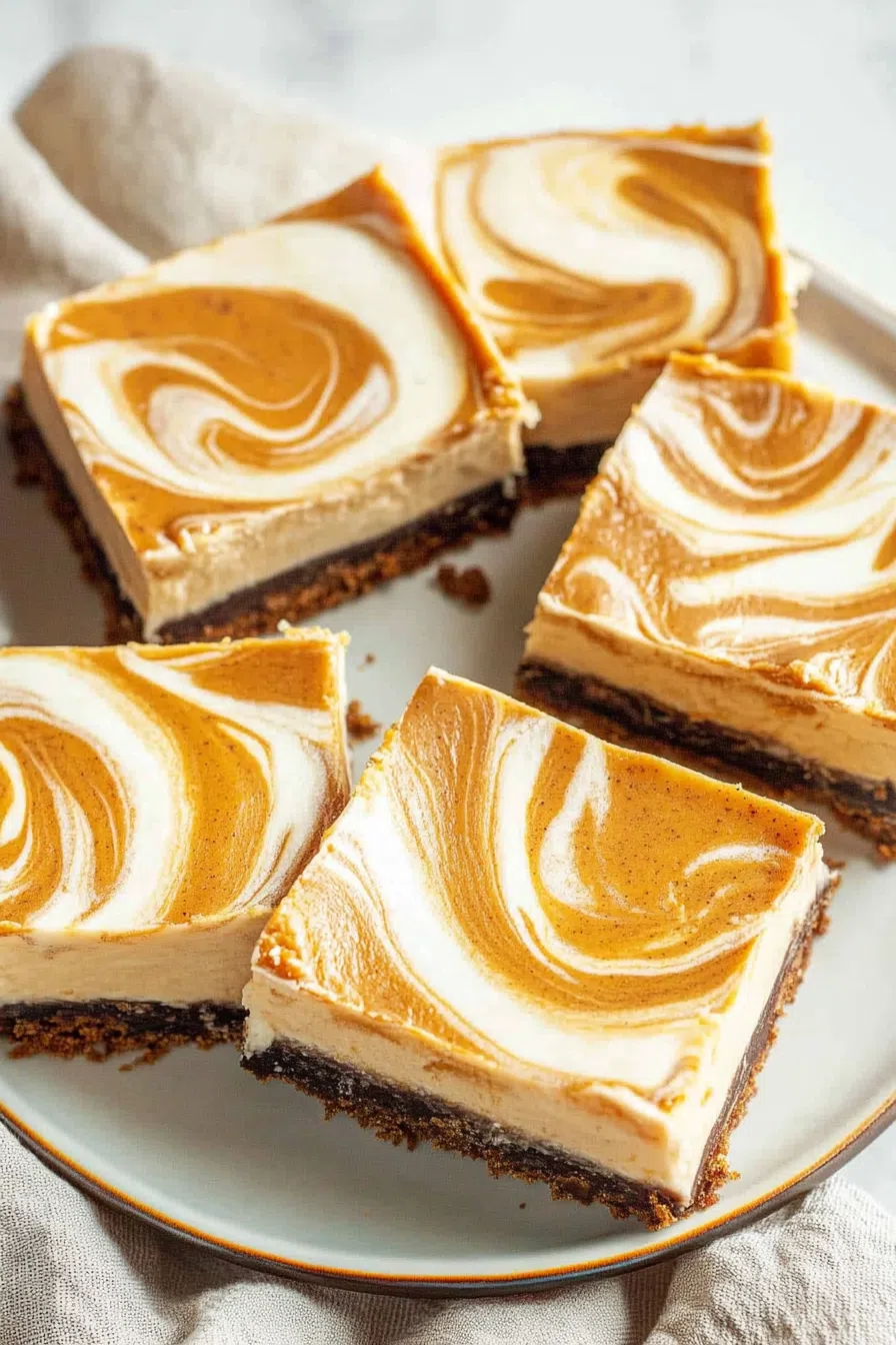 Square dessert bars layered with creamy filling and golden crust on a white plate.