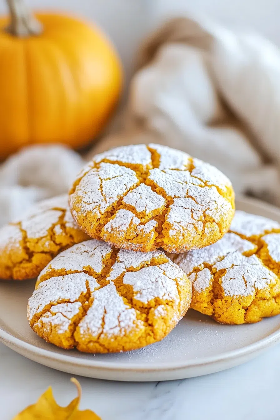A batch of crinkled cookies coated in powdered sugar, arranged on a plate.