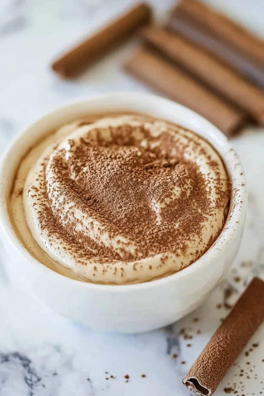 Creamy dessert dip served in a bowl, dusted with cocoa powder.