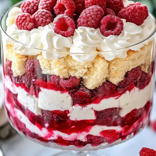 Close-up showing textures of cream, cake, and berries in a glass dish.