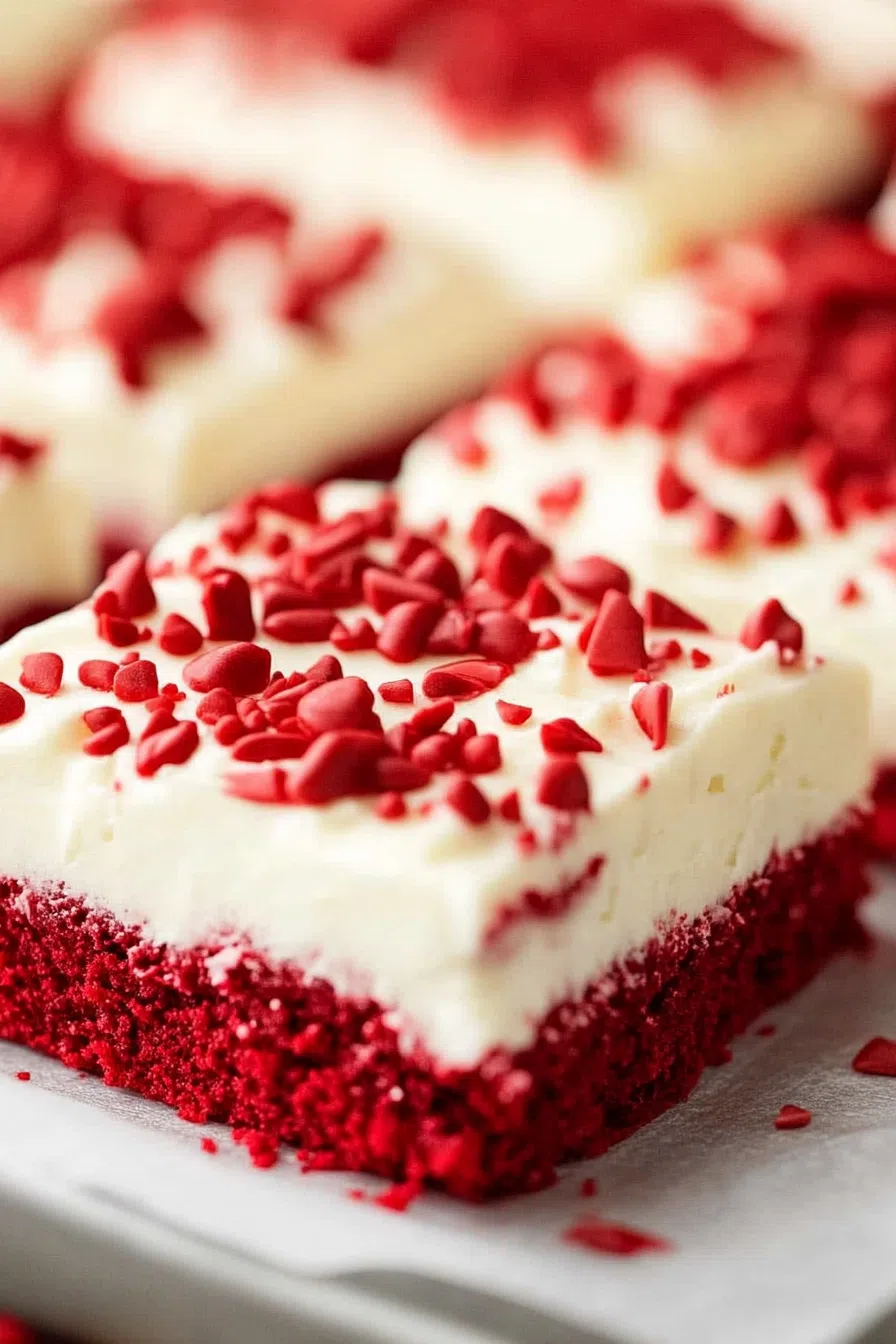 Bright red cake slice topped with a thick layer of creamy frosting.