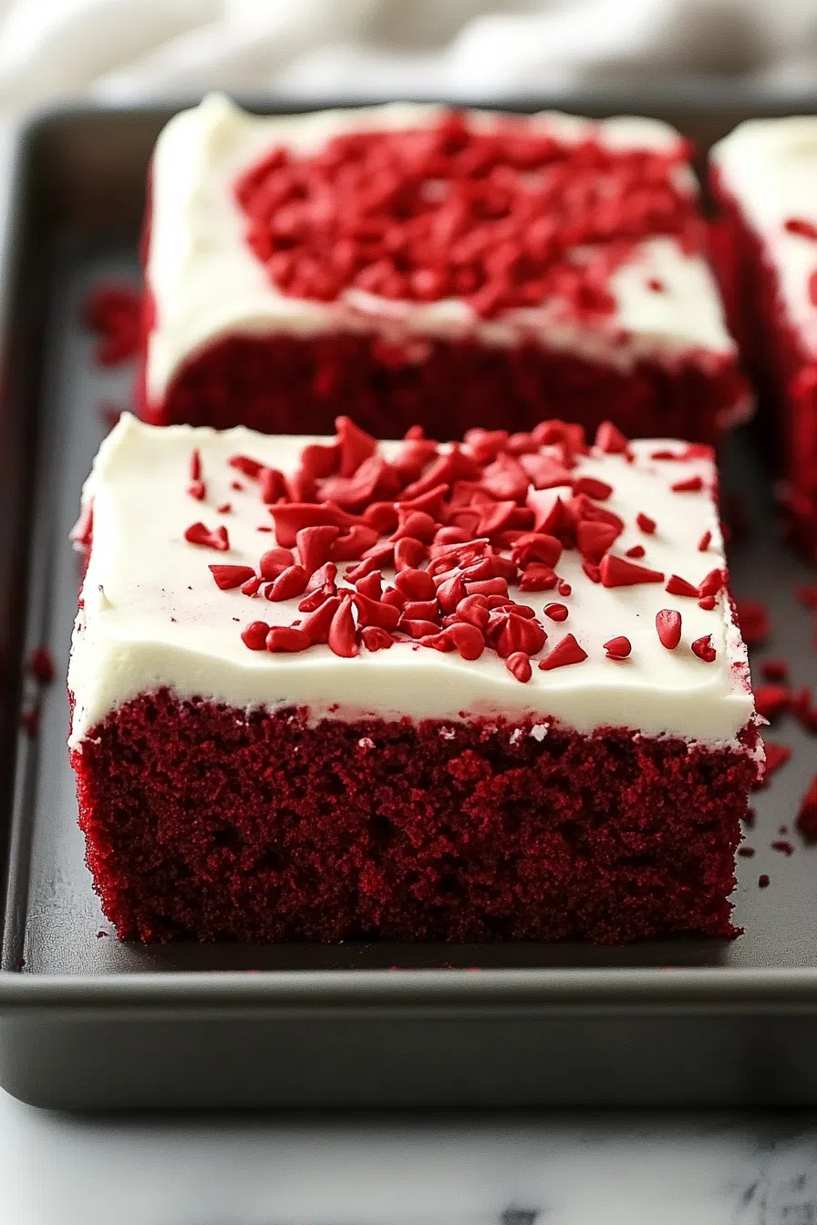 Overhead view of a sheet cake with smooth white icing and vibrant color.