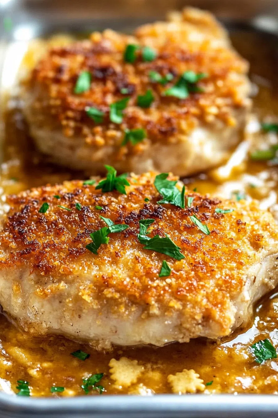 A baking dish filled with crispy pork chops fresh out of the oven
