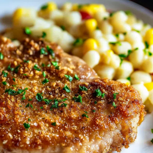 Close-up of a crispy, oven-baked pork chop with a buttery crust.