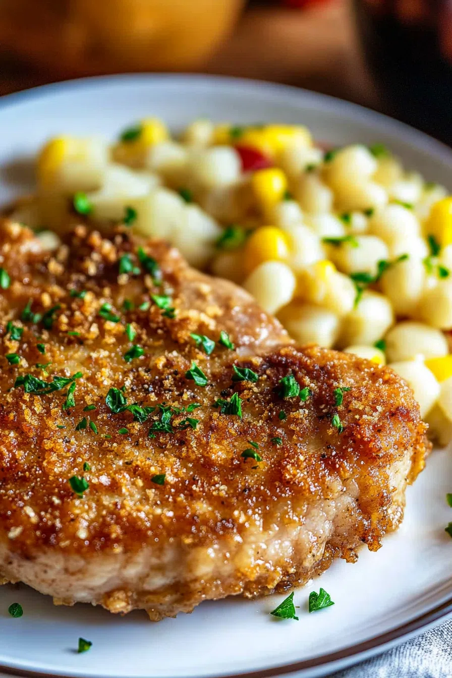 Close-up of a crispy, oven-baked pork chop with a buttery crust.