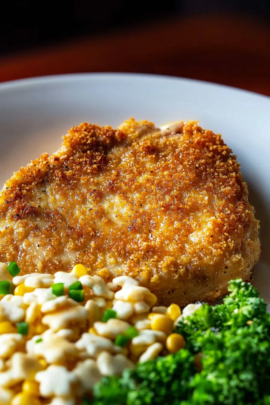 Overhead view of a dinner plate featuring a breaded pork chop and classic sides.