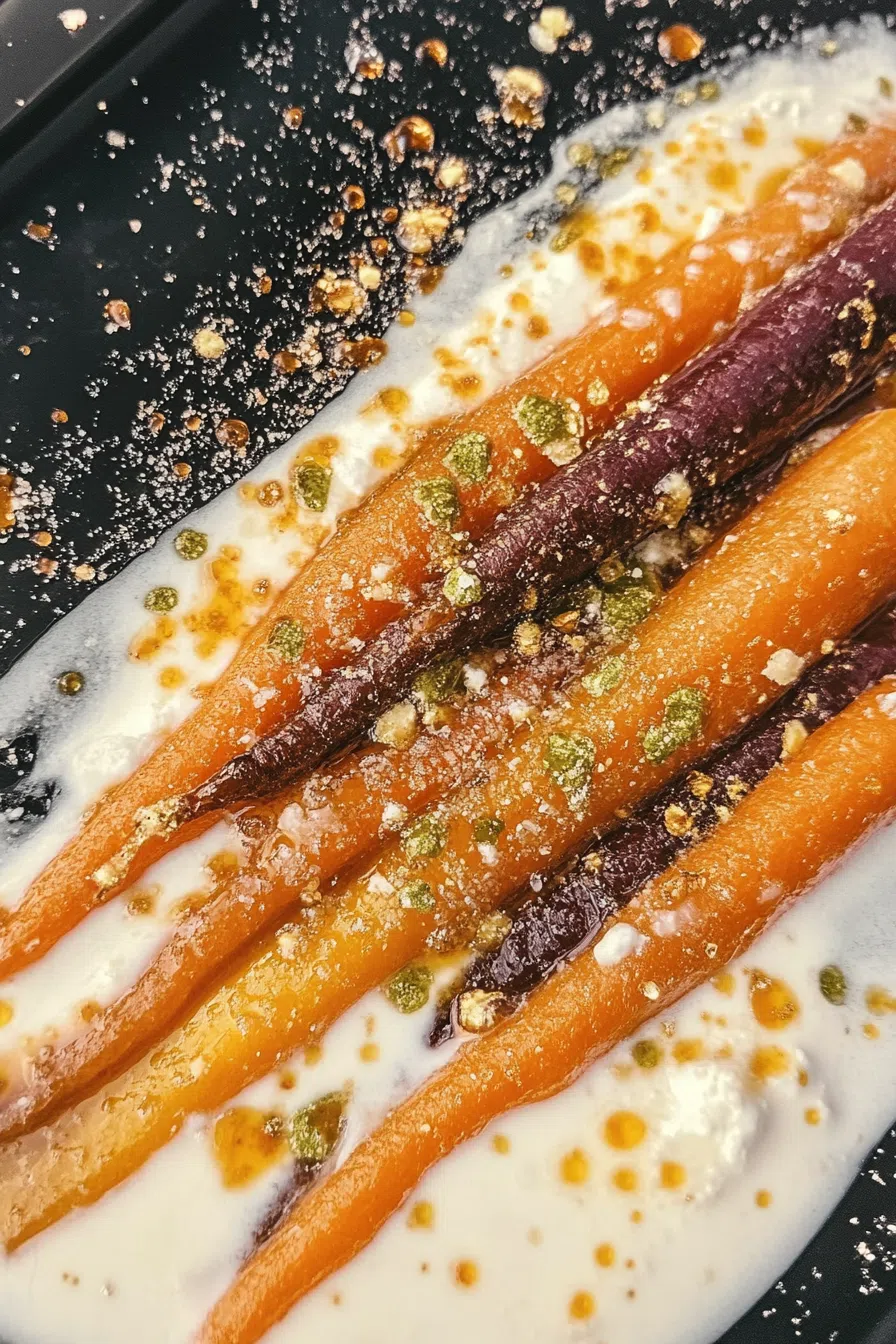 Side view of roasted root vegetables plated on a rustic ceramic dish.