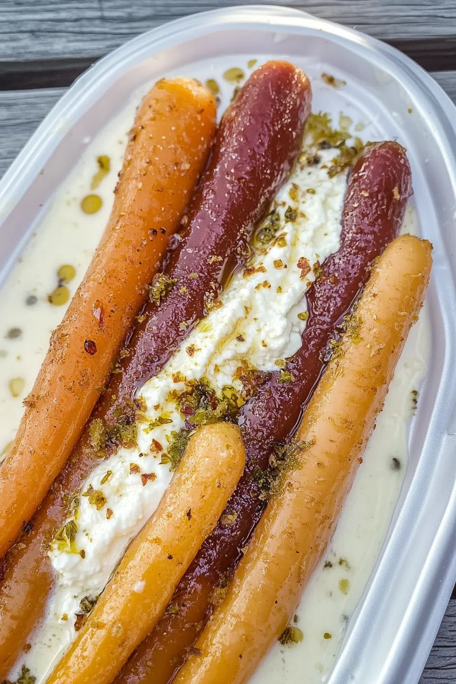 Overhead shot of a vibrant appetizer garnished with herbs and drizzled with glaze.
