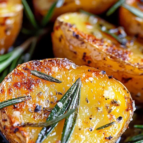 Close-up of oven-roasted potatoes with a hint of rosemary.